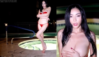 Amateur Asian girl is wearing a petite outfit and she is enjoying the pool