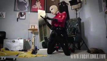 Latex, rubber, and self-bondage in a multilayered fetish video