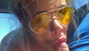 Dirty slut Cassie wears sunglasses as she sucks dick and gets a facial