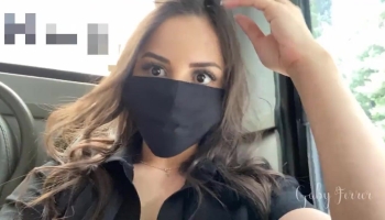 Wearing a mask on the bus but showing off her tits, nipples and areolas