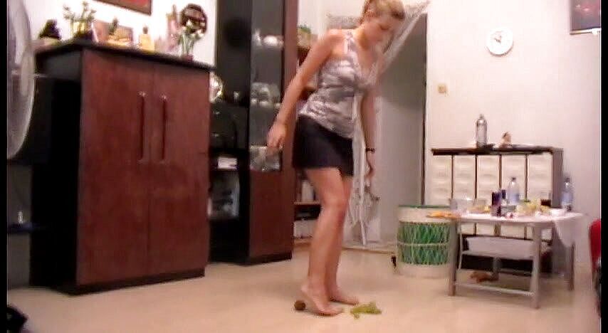 Hot fucking with European girls: Blonde trampling food while home alone –  – Foot Girls