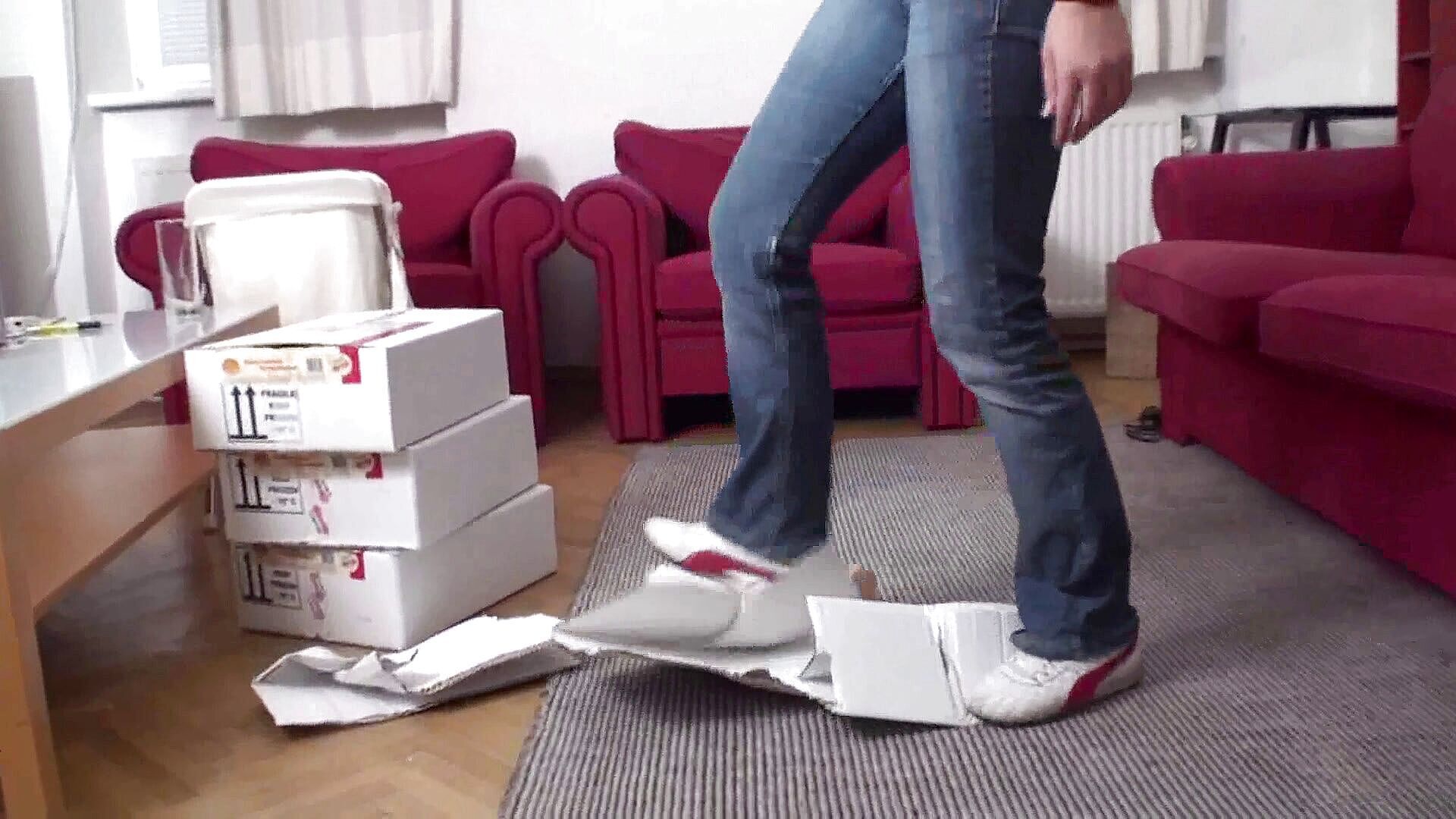 Hot fucking with European girls: Trampling boxes in the living room –  – Foot Girls