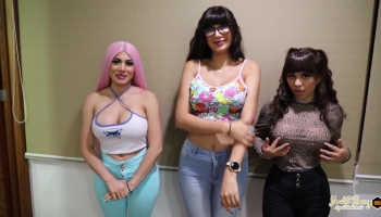 Three girls with massive boobs invited a dude over for a foursome in a hotel room