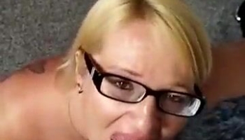 Blonde babe in sexy glasses working all over that meaty penis and cumming too