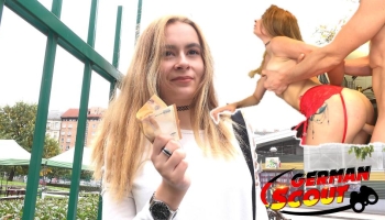 Deutsche Blondine in roten Strapsen wird beim Casting gevögelt